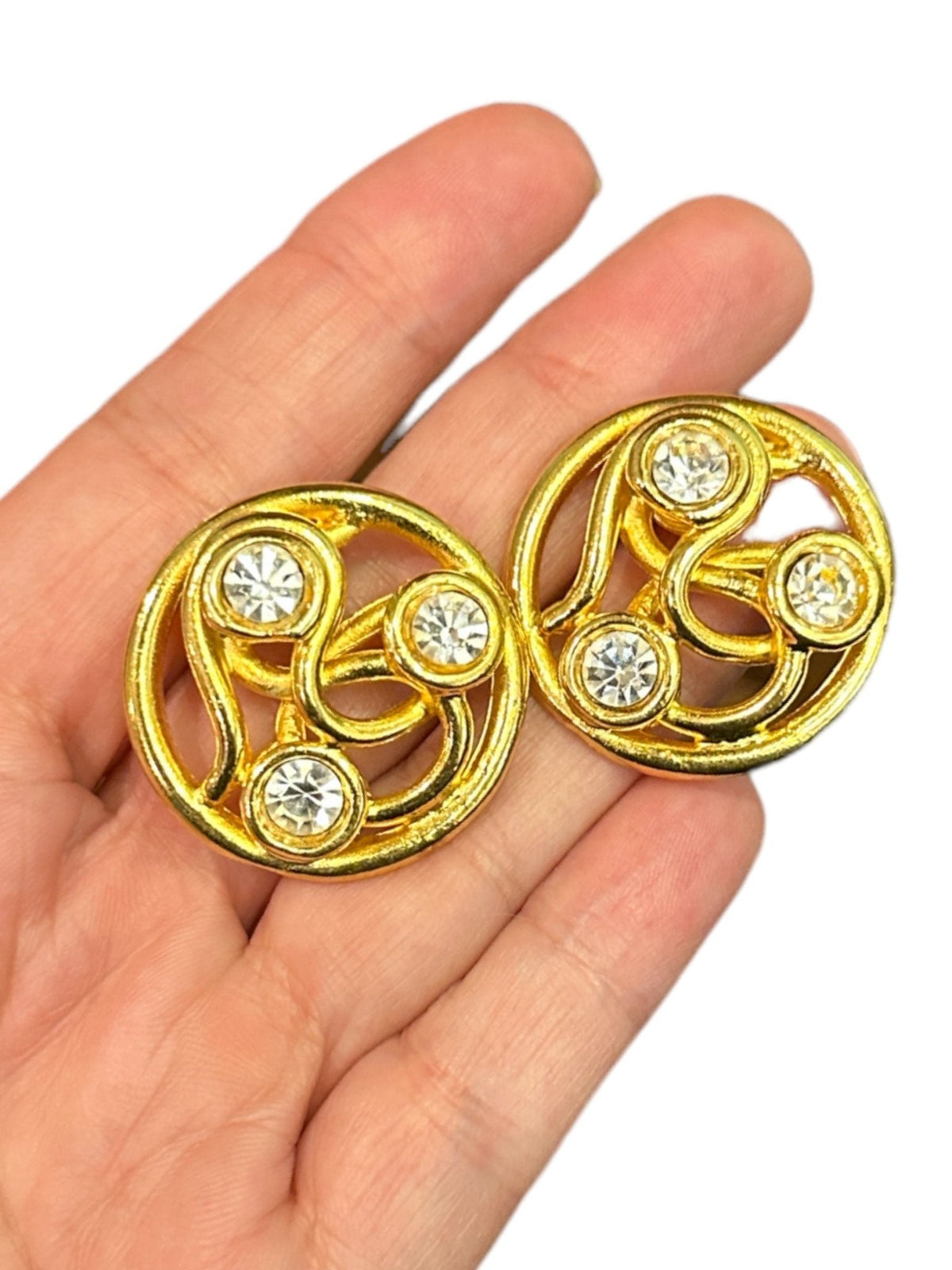 Round Gold Edouard Rambaud Paris Rhinestone Clip - On Earrings - 24 Wishes Vintage Jewelry