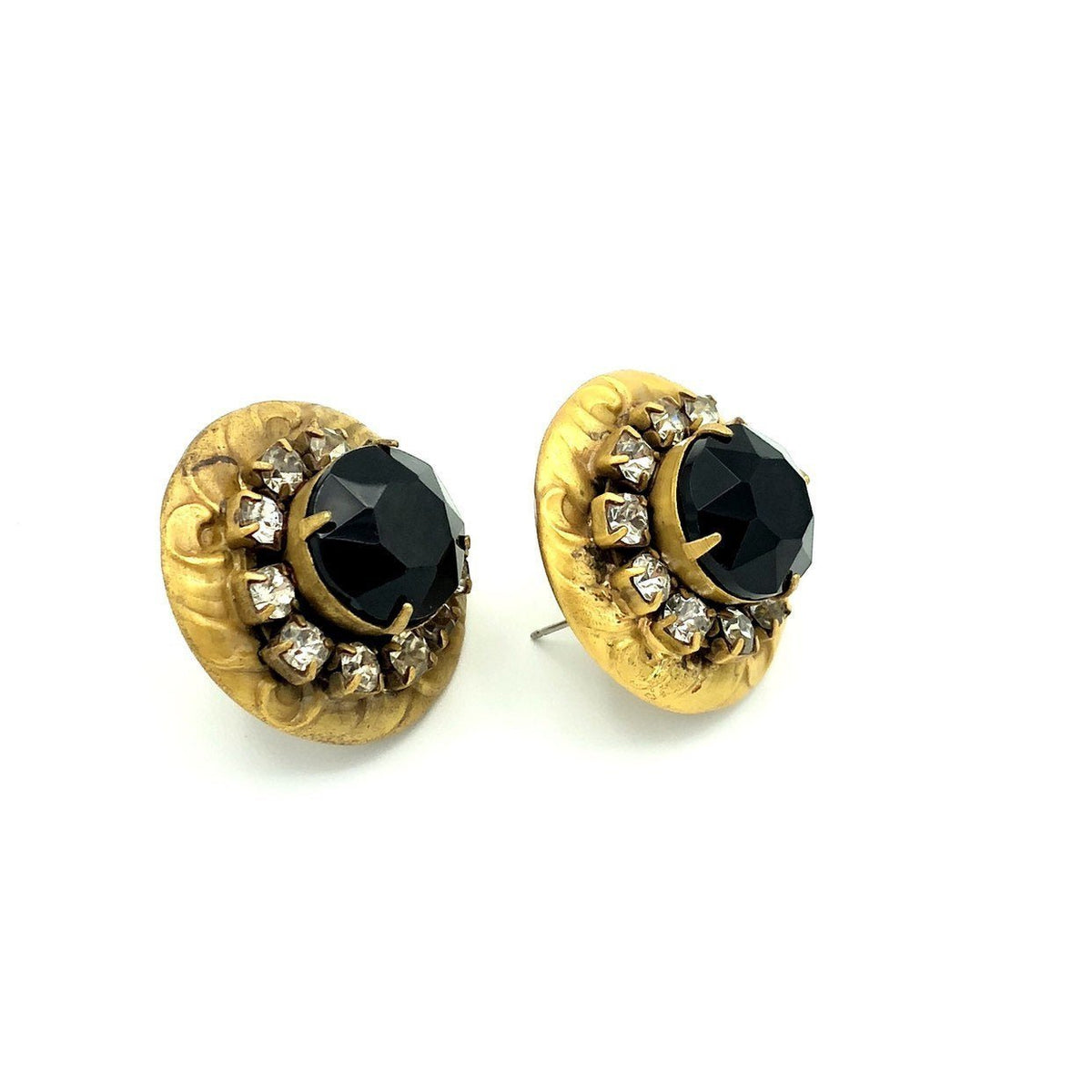 Sadie Green Antiqued Repousse Black Rhinestone Pierced Earrings - 24 Wishes Vintage Jewelry