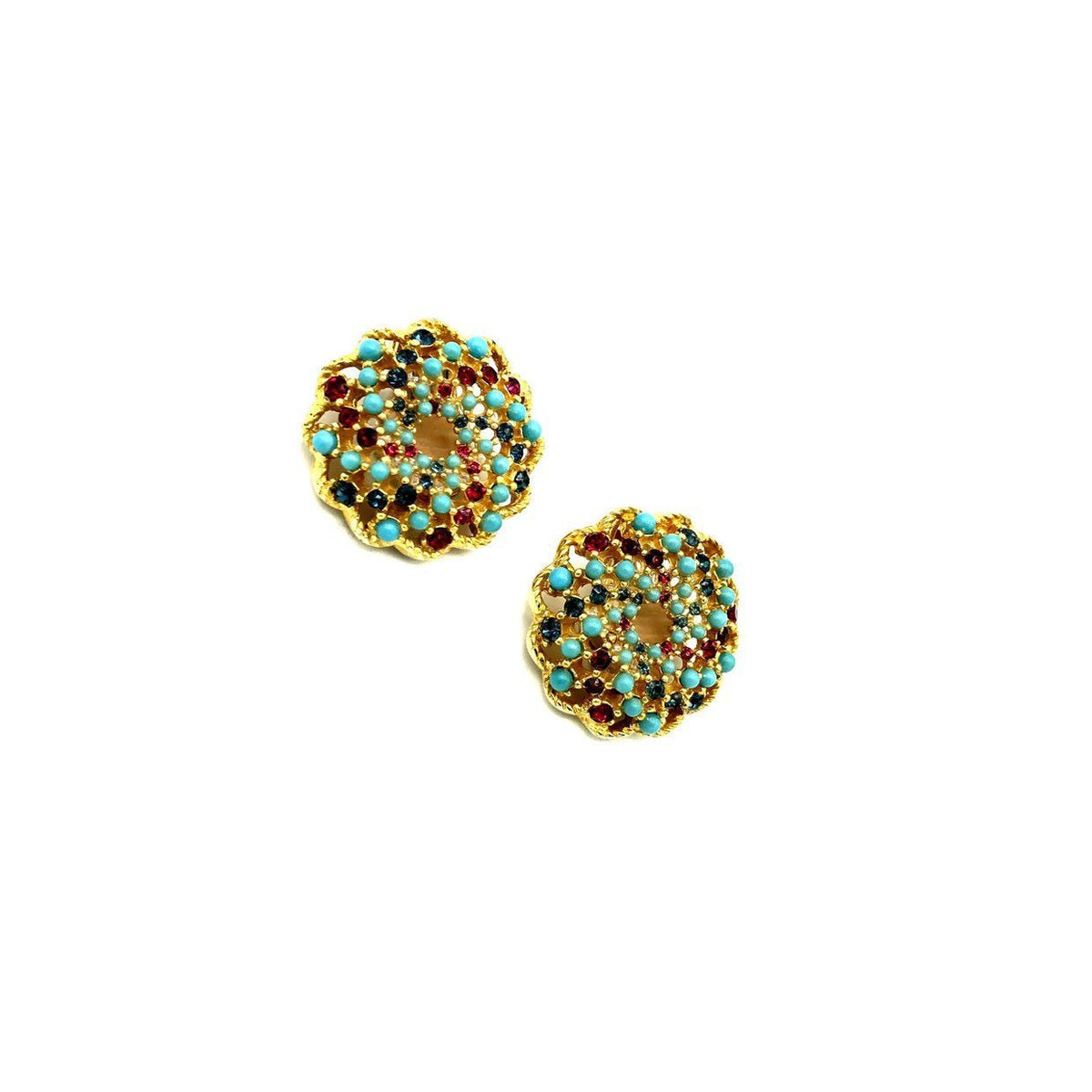 Sarah Coventry Gold Vintage Song of India Turquoise Bead Clip - On Earrings - 24 Wishes Vintage Jewelry