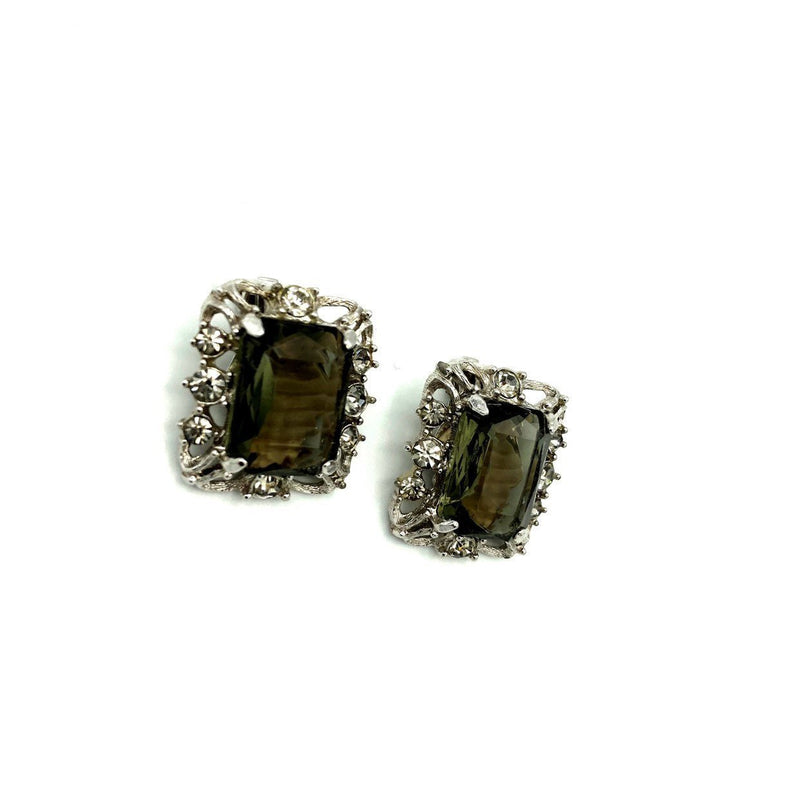 Sarah Coventry Smokey Topaz Glass Silver Clip - On Earrings - 24 Wishes Vintage Jewelry