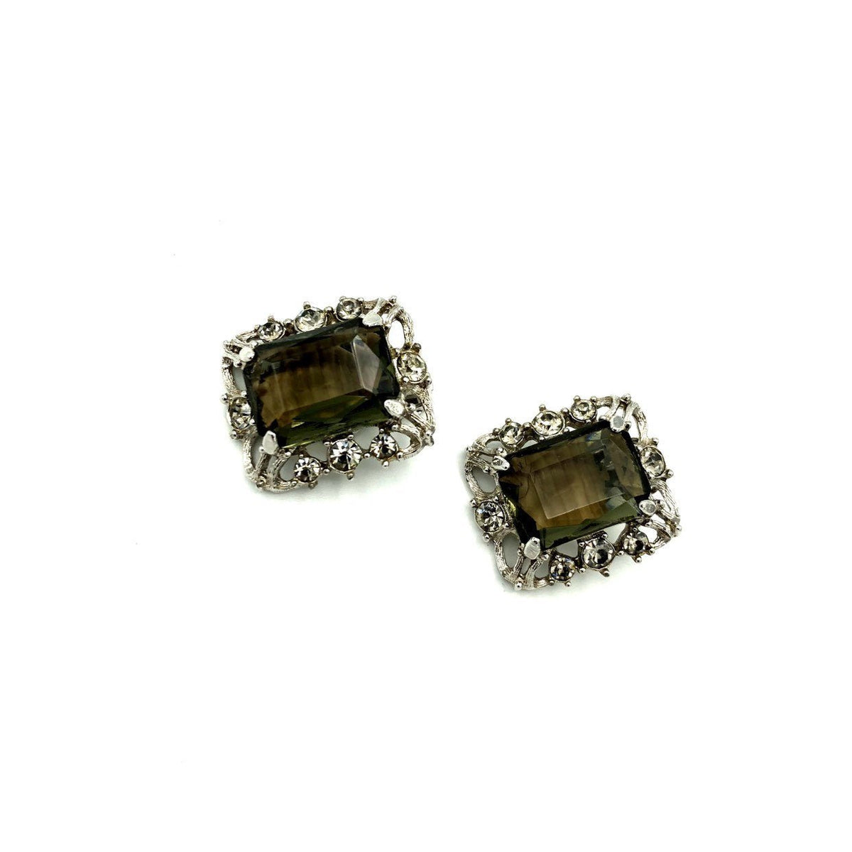 Sarah Coventry Smokey Topaz Glass Silver Clip - On Earrings - 24 Wishes Vintage Jewelry