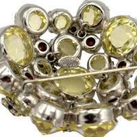Close up view of back of Schreiner brooch on white background. 