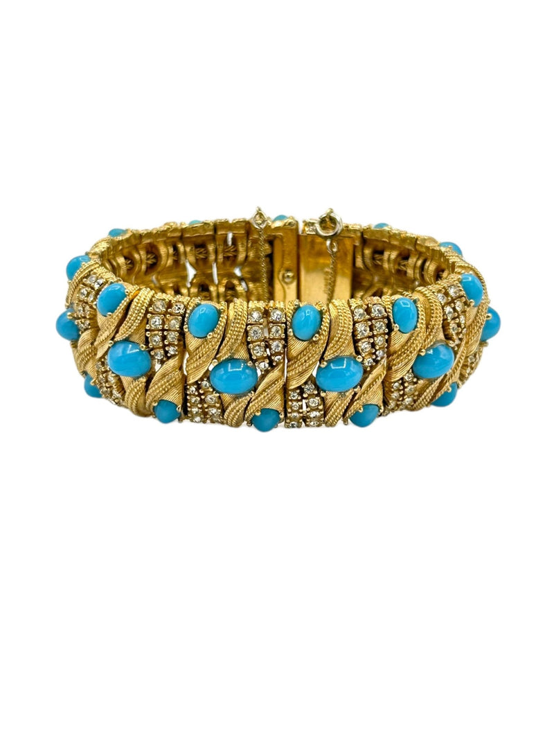 Signed Ciner Vintage Jewelry Wide Link Turquoise Cabochon Bracelet - 24 Wishes Vintage Jewelry
