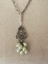 Silver Art Deco Pearl & Rhinestone Charm - 24 Wishes Vintage Jewelry