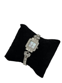 Silver Art Deco Style Clear Rhinestone Dainty Wristwatch - 24 Wishes Vintage Jewelry