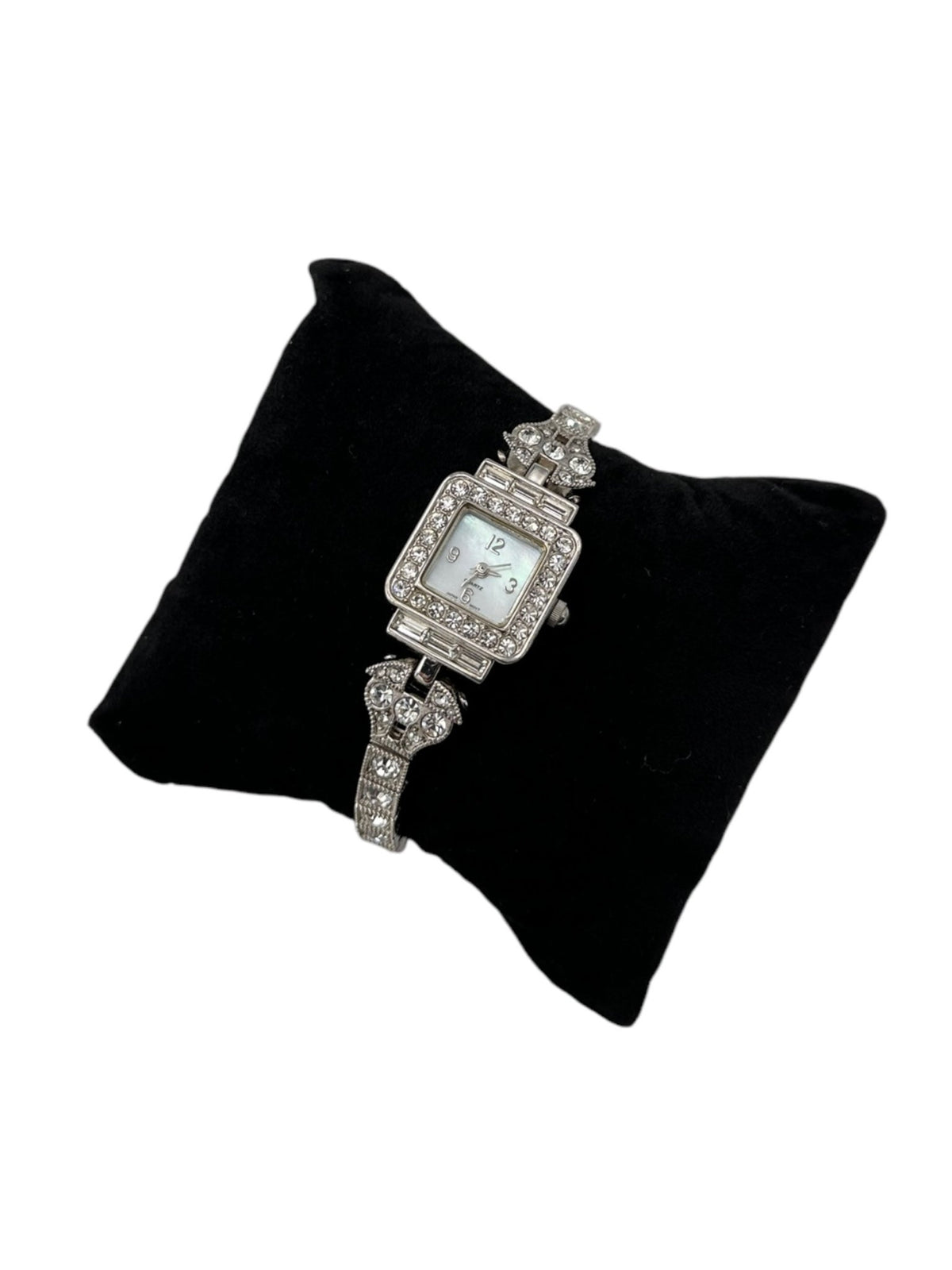 Silver Art Deco Style Clear Rhinestone Dainty Wristwatch - 24 Wishes Vintage Jewelry