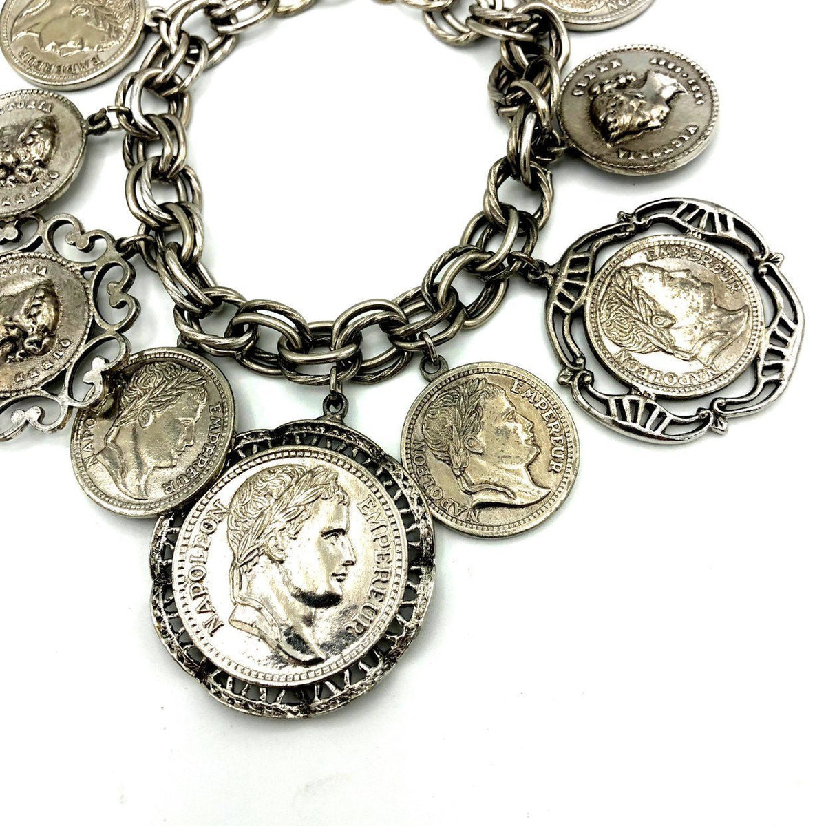 Silver Coin Medallion Vintage Charm Bracelet - 24 Wishes Vintage Jewelry