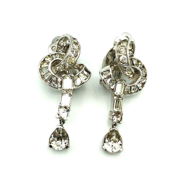 Silver Diamante Rhinestone Dangle Vintage Clip - On Earrings - 24 Wishes Vintage Jewelry