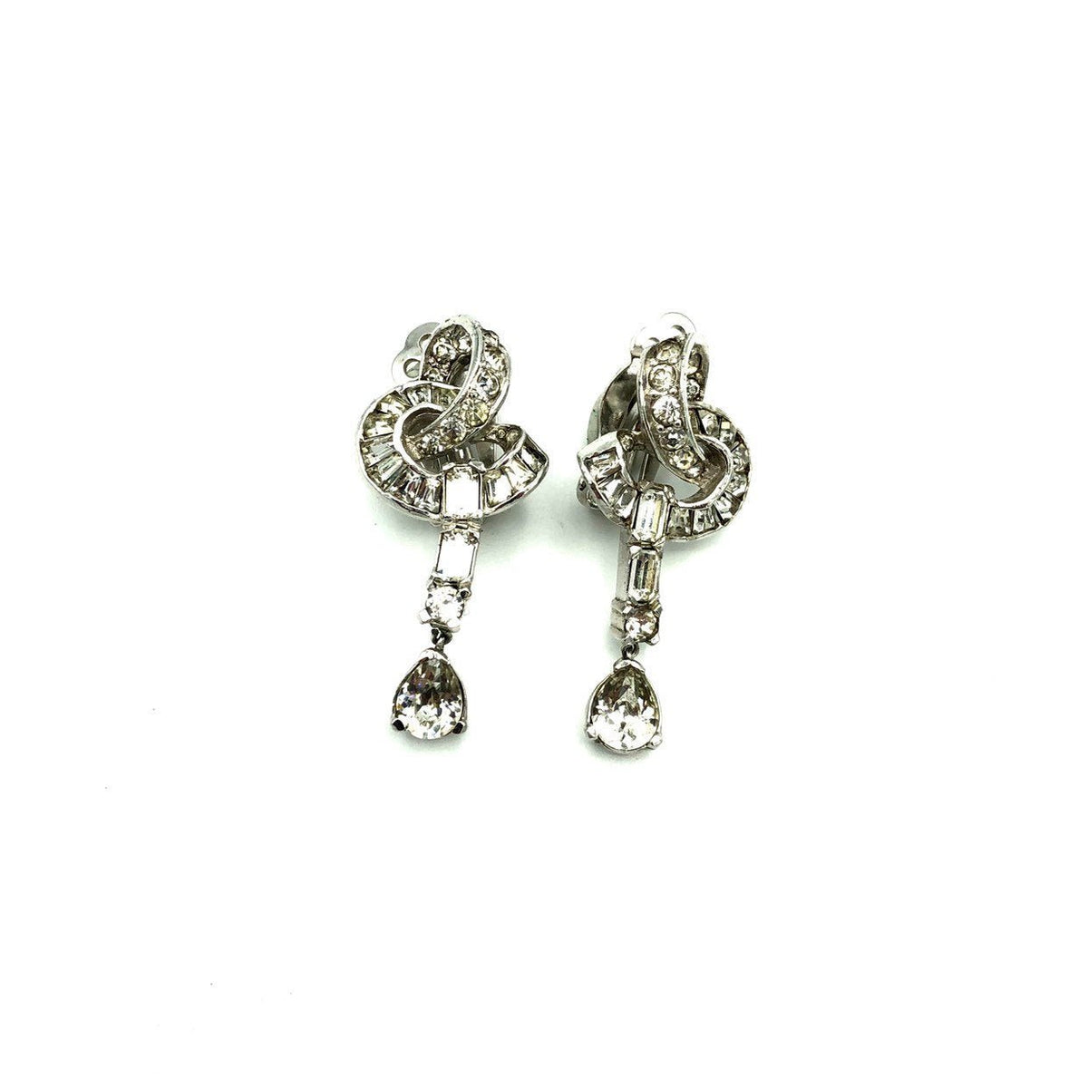 Silver Diamante Rhinestone Dangle Vintage Clip - On Earrings - 24 Wishes Vintage Jewelry