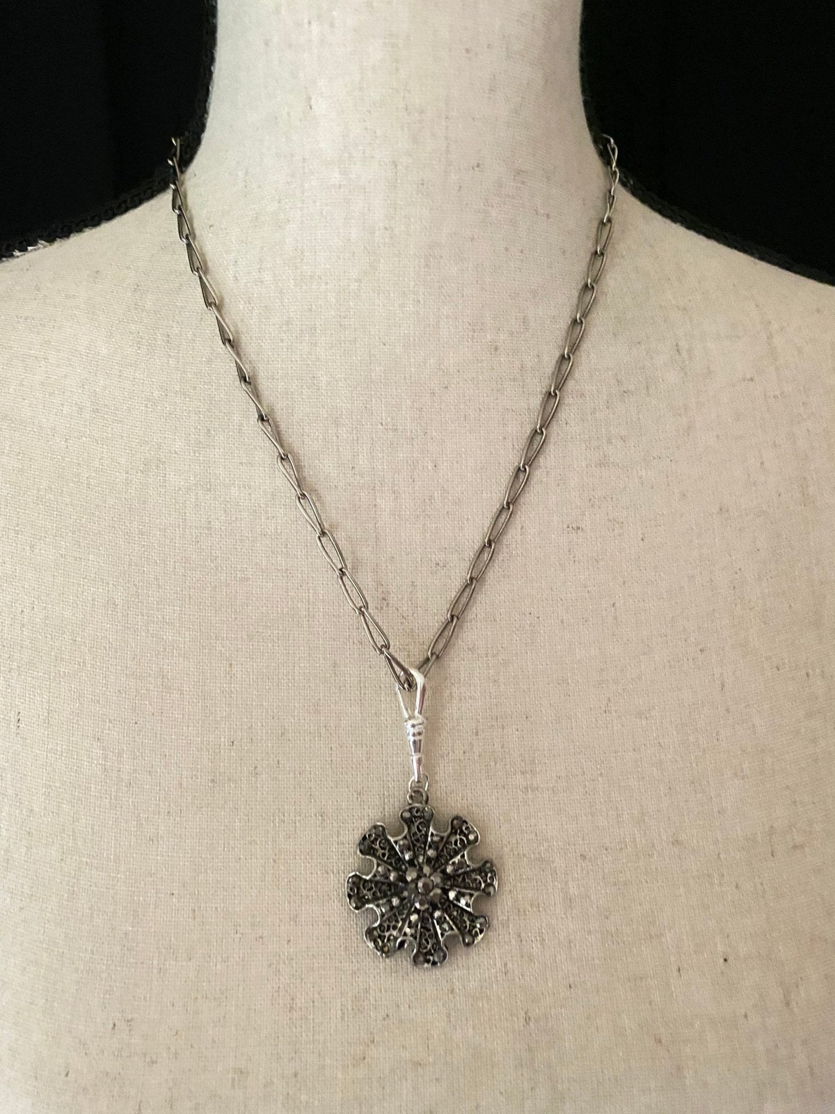 Silver Marcasite Style Flower Victorian Revival Charm - 24 Wishes Vintage Jewelry