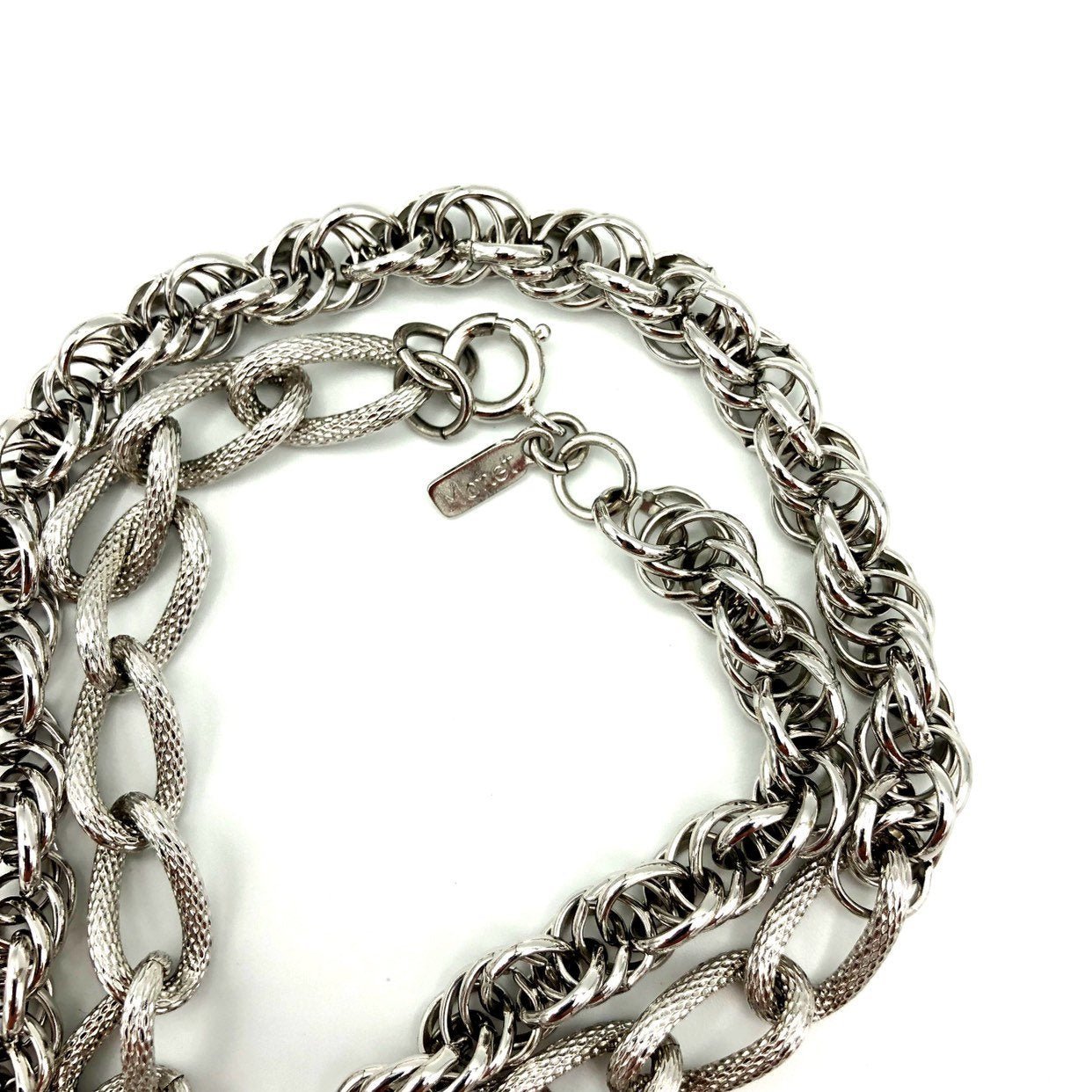 Vintage factory Silver Tone Double Strand Necklace Layered Flat Rope Chain Retro