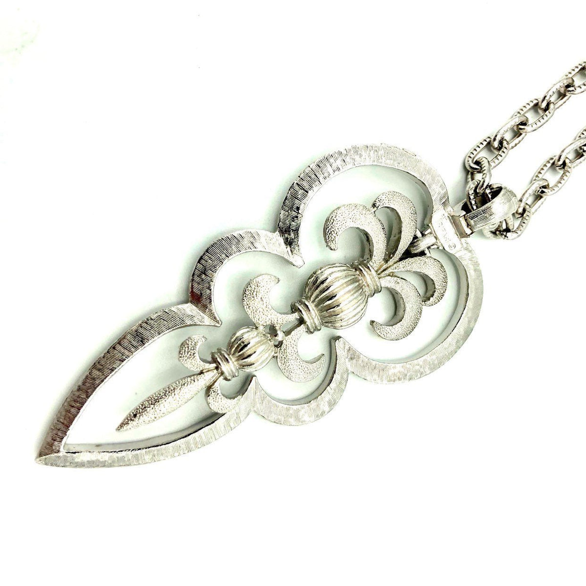 Silver Trifari Double Chain Fleur de lis Vintage Pendant - 24 Wishes Vintage Jewelry