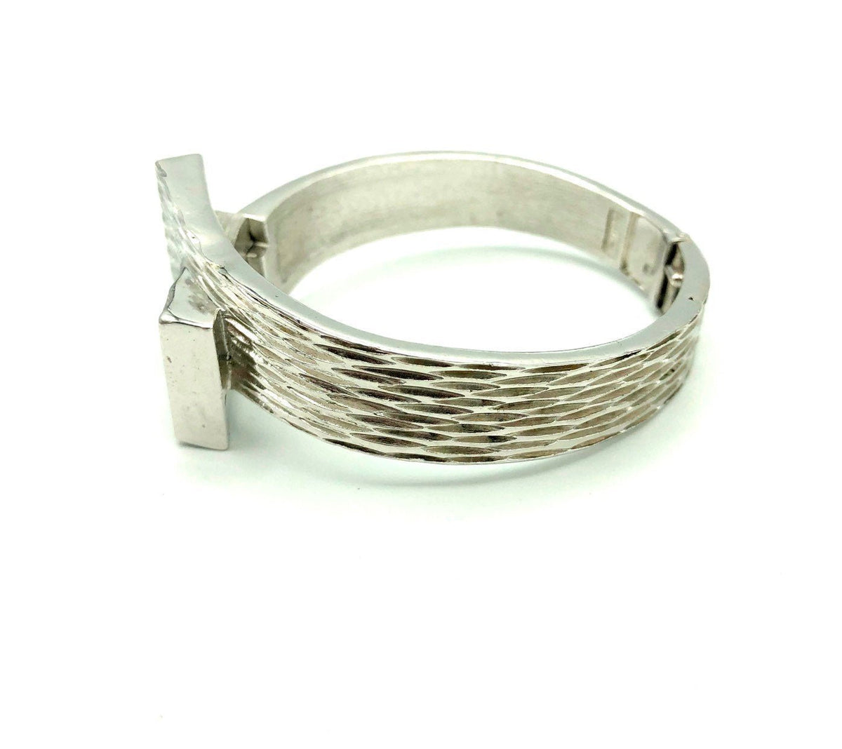 Silver Trifari Modernist Hinged Vintage Bangle Bracelet - 24 Wishes Vintage Jewelry