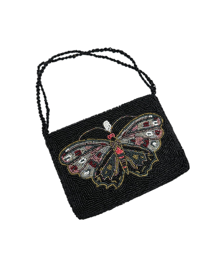 Small Black Beaded Butterfly Top Handle Handbag - 24 Wishes Vintage Jewelry