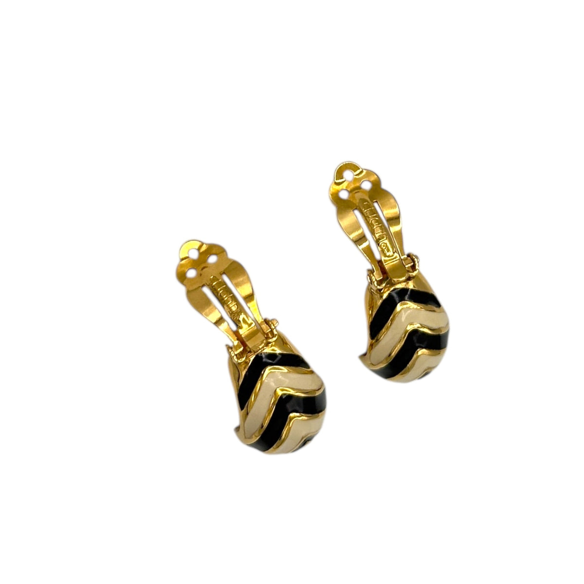 St. John Gold Black & White Enamel Hoop Clip - On Earrings Earrings 24 Wishes Vintage Jewelry