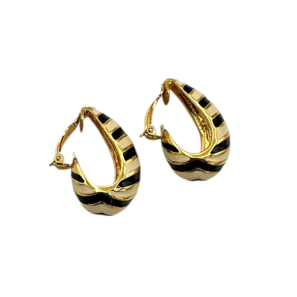St. John Gold Black & White Enamel Hoop Clip - On Earrings Earrings 24 Wishes Vintage Jewelry