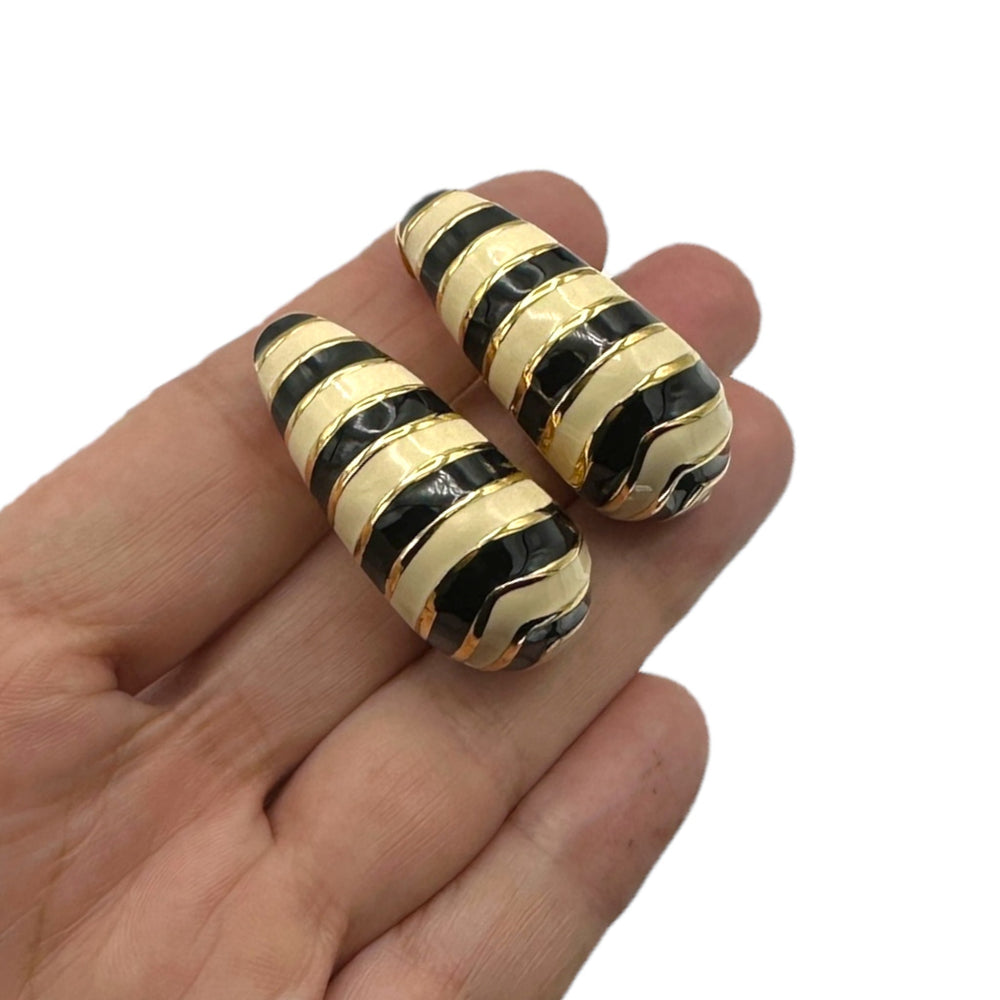 St. John Gold Black & White Enamel Hoop Clip - On Earrings Earrings 24 Wishes Vintage Jewelry