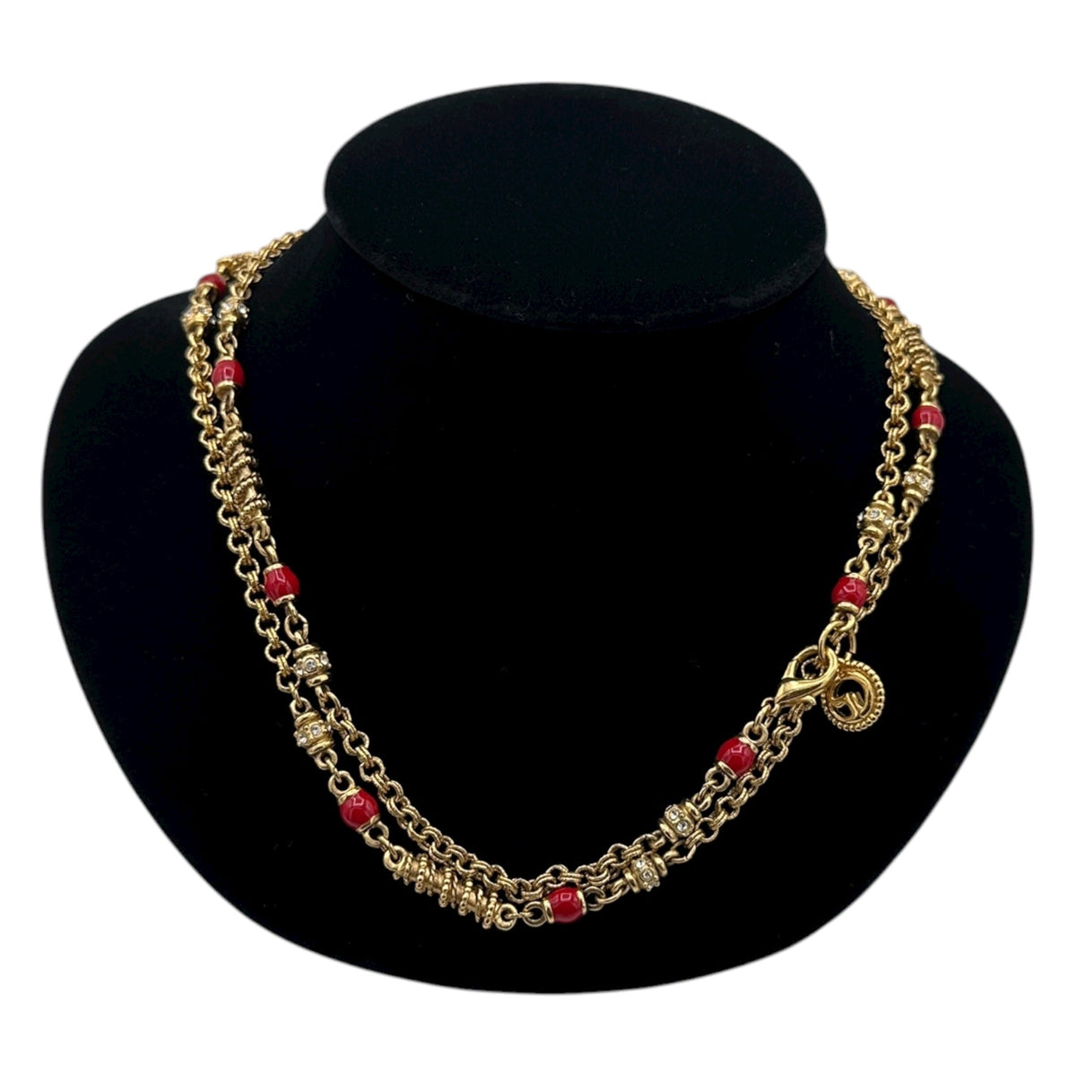 St. John Long Gold Chain Necklace with Red Enamel & Rhinestone Spacers 24 Wishes Vintage Jewelry