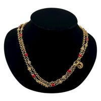 St. John Long Gold Chain Necklace with Red Enamel & Rhinestone Spacers 24 Wishes Vintage Jewelry