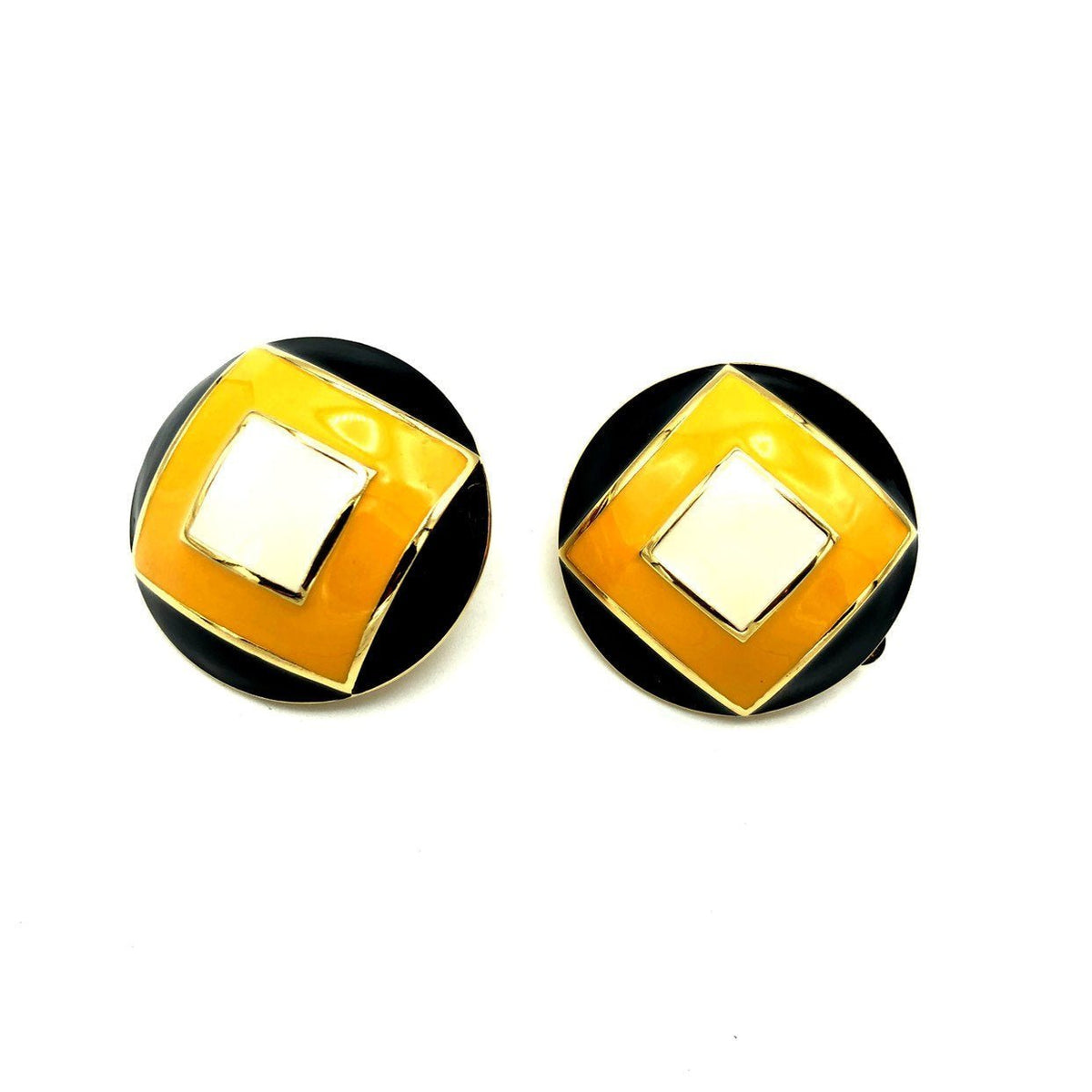 St. John Round Geometric Yellow & Black Enamel Clip - On Earrings - 24 Wishes Vintage Jewelry