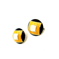 St. John Round Geometric Yellow & Black Enamel Clip - On Earrings - 24 Wishes Vintage Jewelry