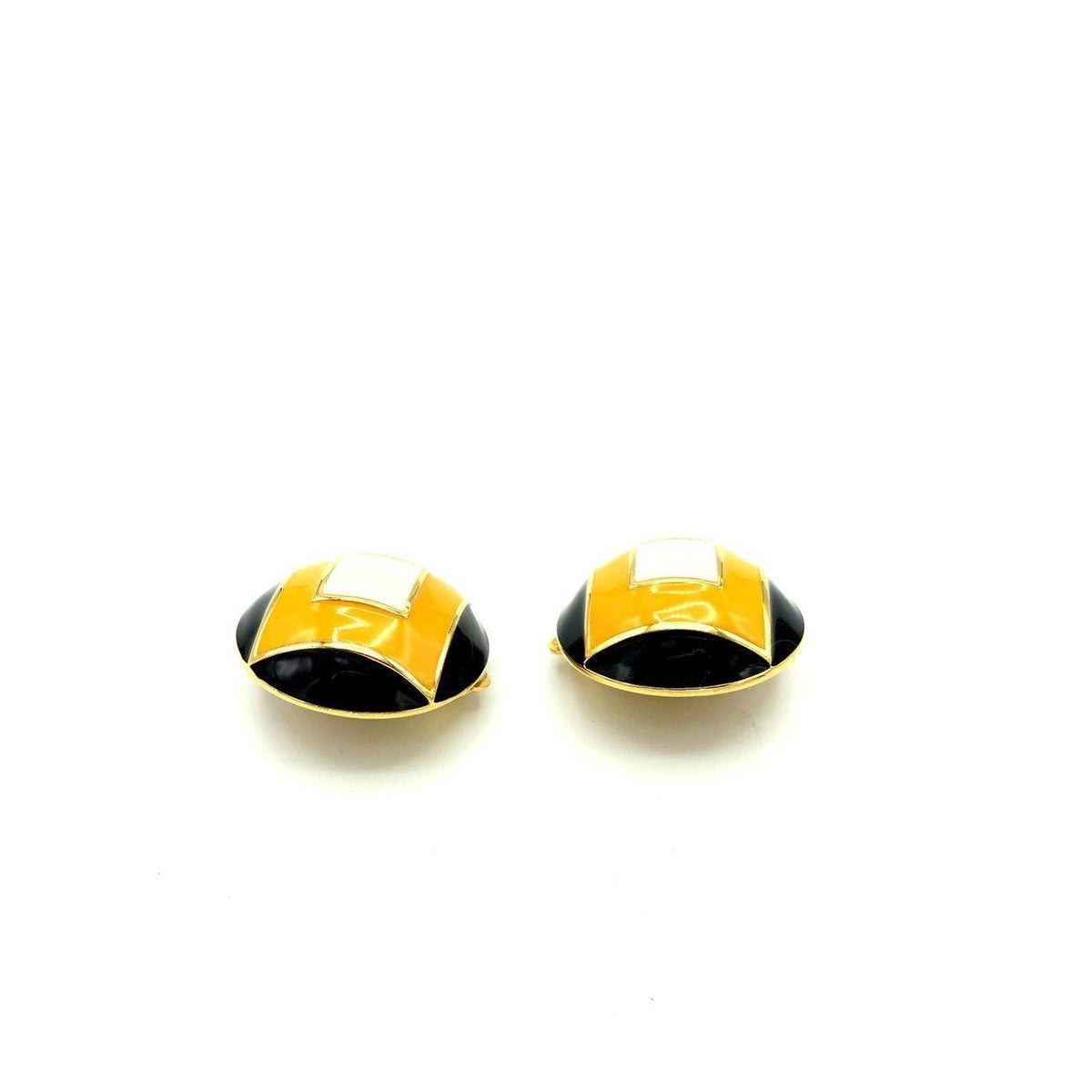 St. John Round Geometric Yellow & Black Enamel Clip - On Earrings - 24 Wishes Vintage Jewelry