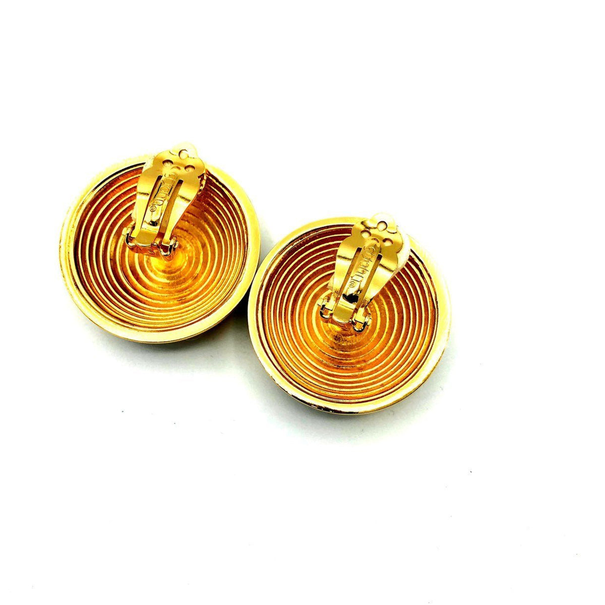 St. John Round Geometric Yellow & Black Enamel Clip - On Earrings - 24 Wishes Vintage Jewelry