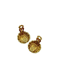 St. John Vintage Jewelry Gold Round Black Enamel Logo Clip - on Earrings - 24 Wishes Vintage Jewelry