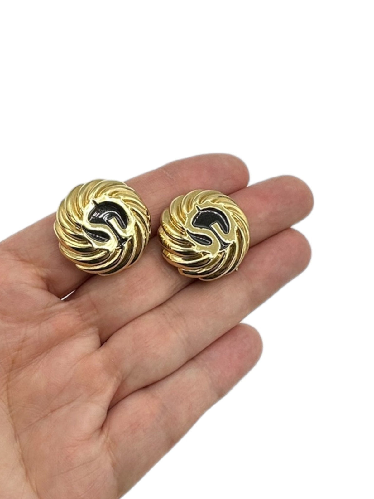 St. John Vintage Jewelry Gold Round Black Enamel Logo Clip - on Earrings - 24 Wishes Vintage Jewelry