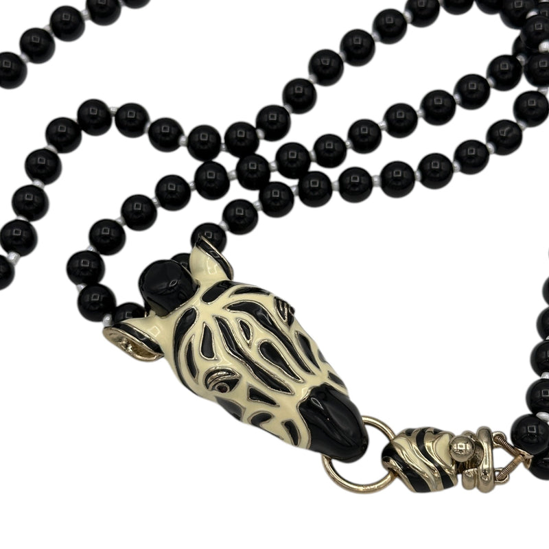 Statement Long Double Strand Glass Black Bead Enamel Zebra Clasp Pendant - 24 Wishes Vintage Jewelry