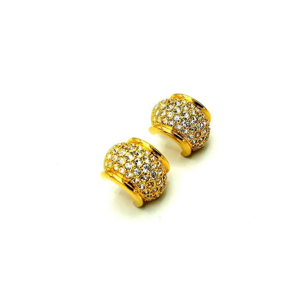 Swarovski Diamante Pave Vintage Half Hoop Gold Pierced Earrings - 24 Wishes Vintage Jewelry