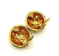 Swarovski Gold Circle Basket Weave Vintage Clip - On Earrings - 24 Wishes Vintage Jewelry