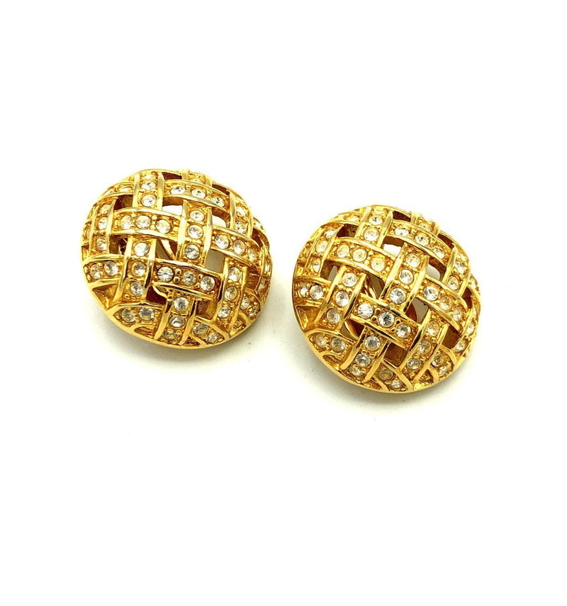 Swarovski Gold Circle Basket Weave Vintage Clip - On Earrings - 24 Wishes Vintage Jewelry