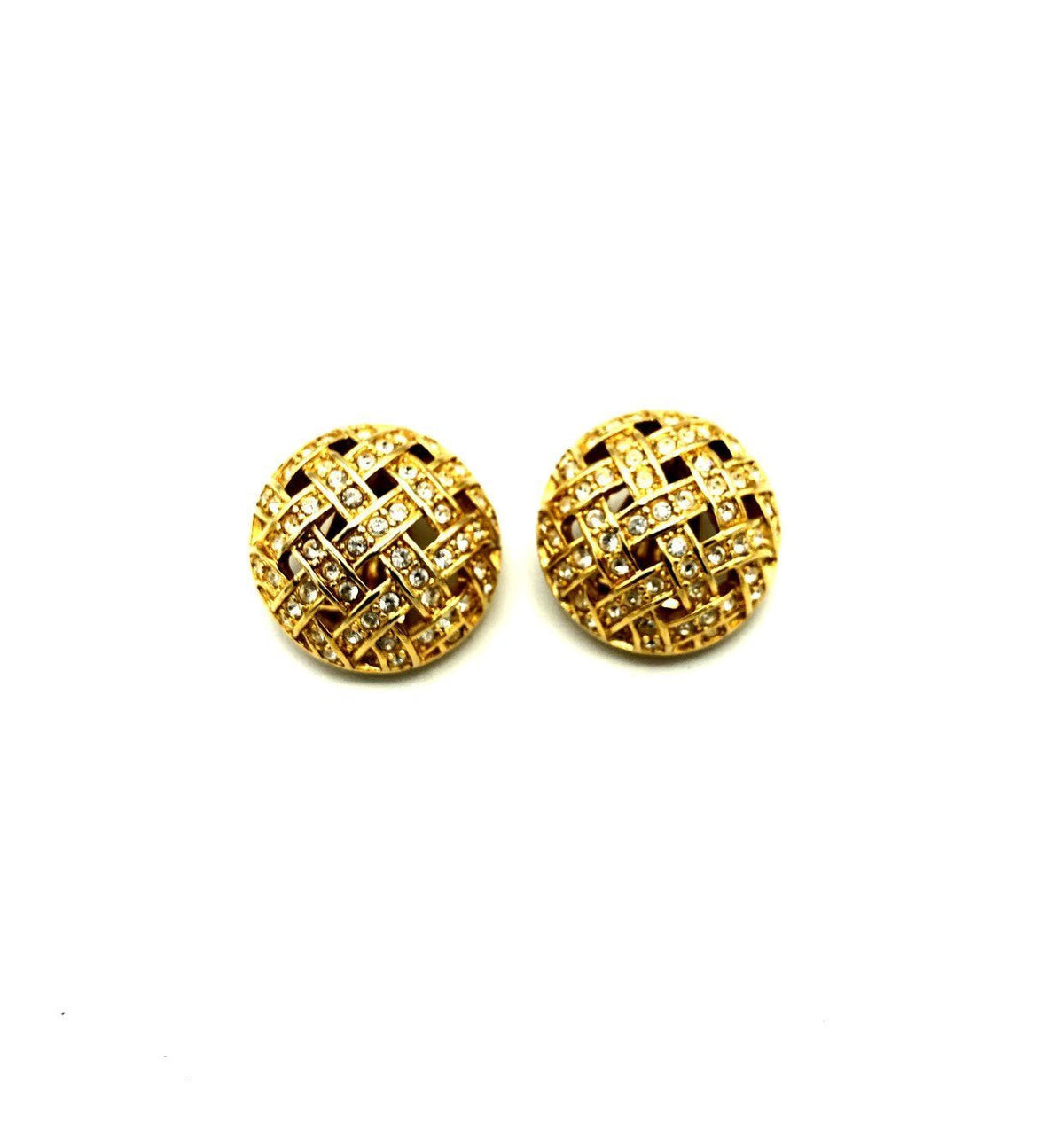 Swarovski Gold Circle Basket Weave Vintage Clip - On Earrings - 24 Wishes Vintage Jewelry