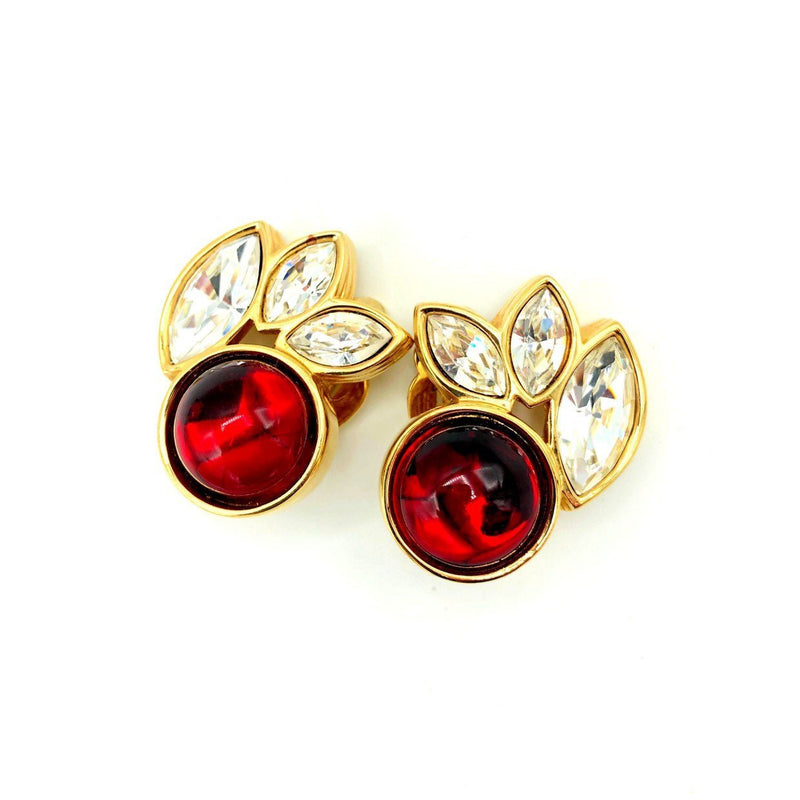 Swarovski Gold Clear Marquise Crystals & Red Cabochon Clip - On Earrings - 24 Wishes Vintage Jewelry