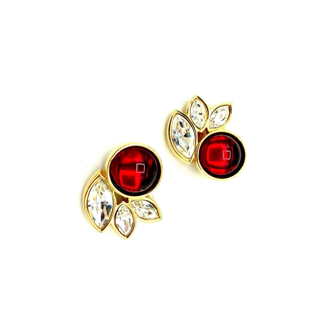 Swarovski Gold Clear Marquise Crystals & Red Cabochon Clip - On Earrings - 24 Wishes Vintage Jewelry