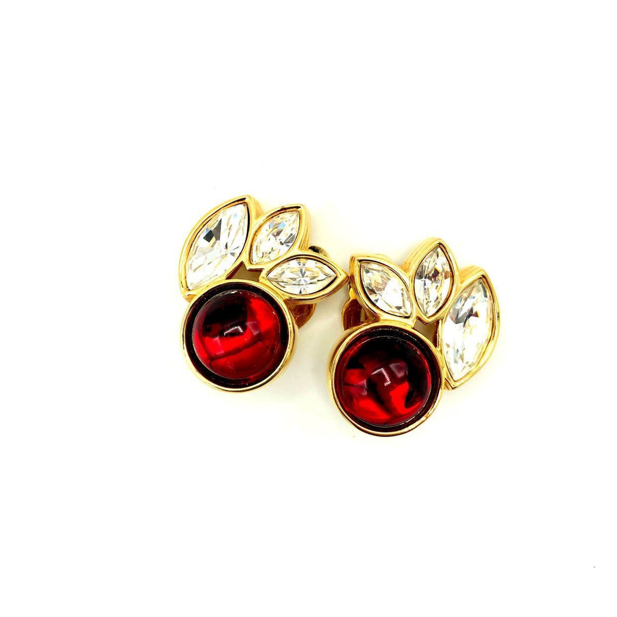 Swarovski Gold Clear Marquise Crystals & Red Cabochon Clip - On Earrings - 24 Wishes Vintage Jewelry