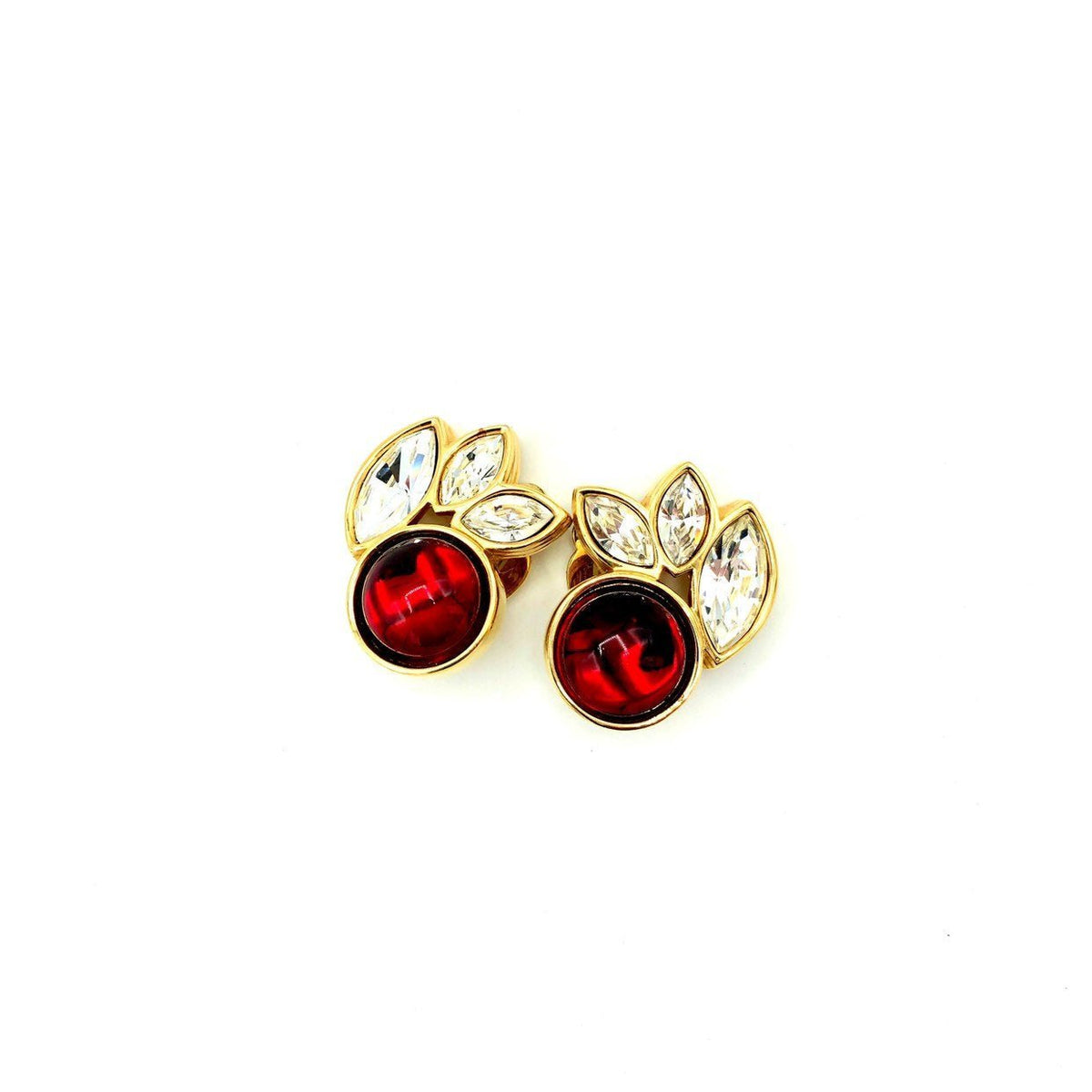 Swarovski Gold Clear Marquise Crystals & Red Cabochon Clip - On Earrings - 24 Wishes Vintage Jewelry