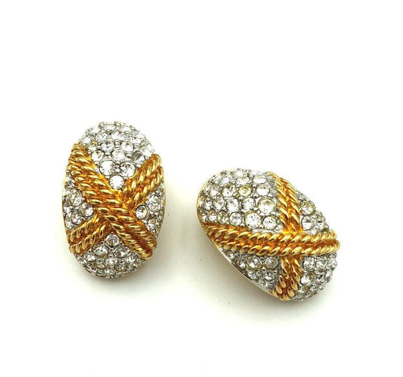 Swarovski Gold Diamante Vintage Half Hoop Clip - On Earrings - 24 Wishes Vintage Jewelry