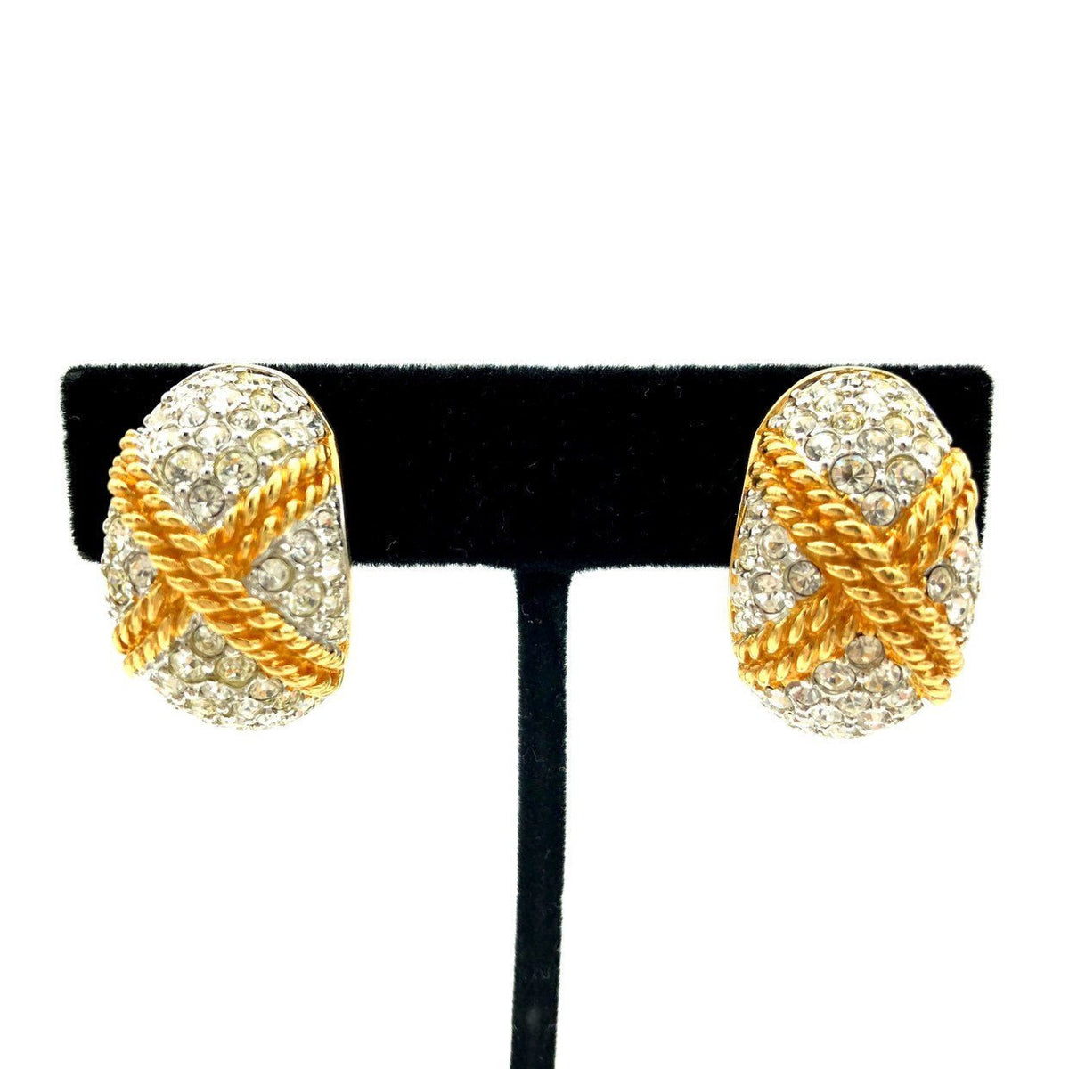 Swarovski Gold Diamante Vintage Half Hoop Clip - On Earrings - 24 Wishes Vintage Jewelry