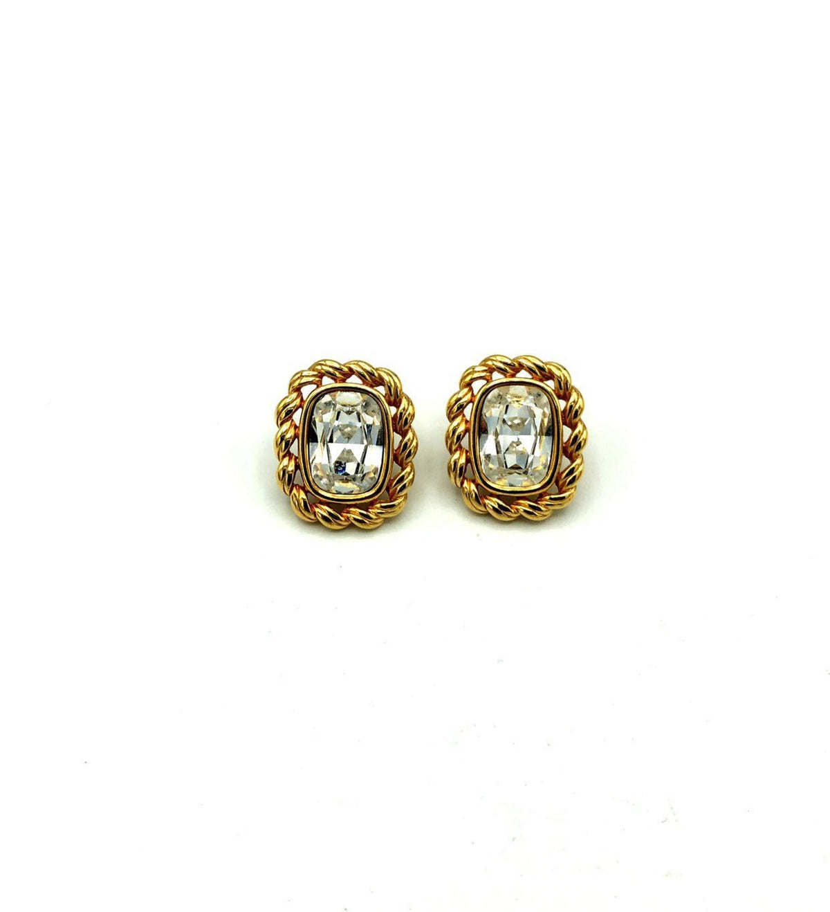 Swarovski Gold Framed Clear Crystal Vintage Pierced Earrings - 24 Wishes Vintage Jewelry