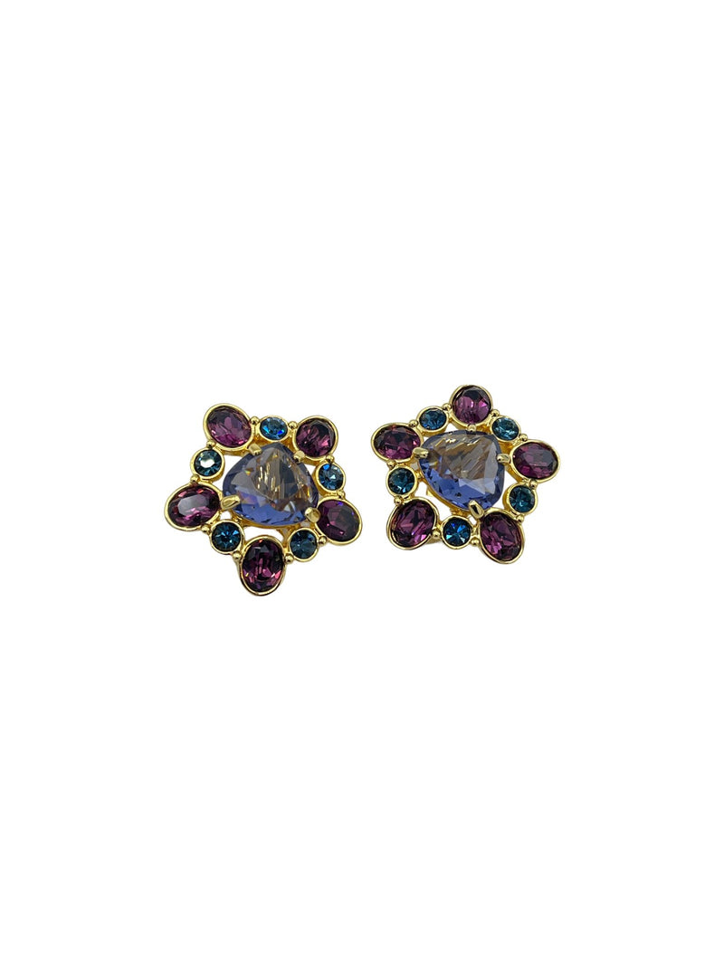 Swarovski Gold Purple & Blue Crystal Clip - On Earrings - 24 Wishes Vintage Jewelry