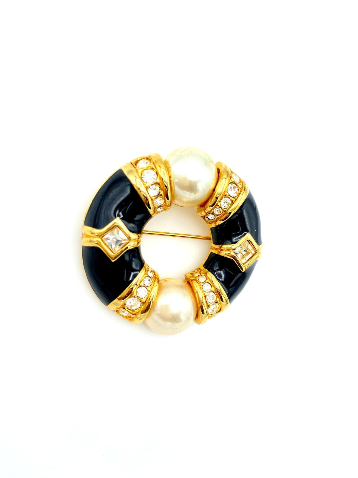 Swarovski Gold Rhinestone Pearl & Black Enamel Circle Brooch - 24 Wishes Vintage Jewelry