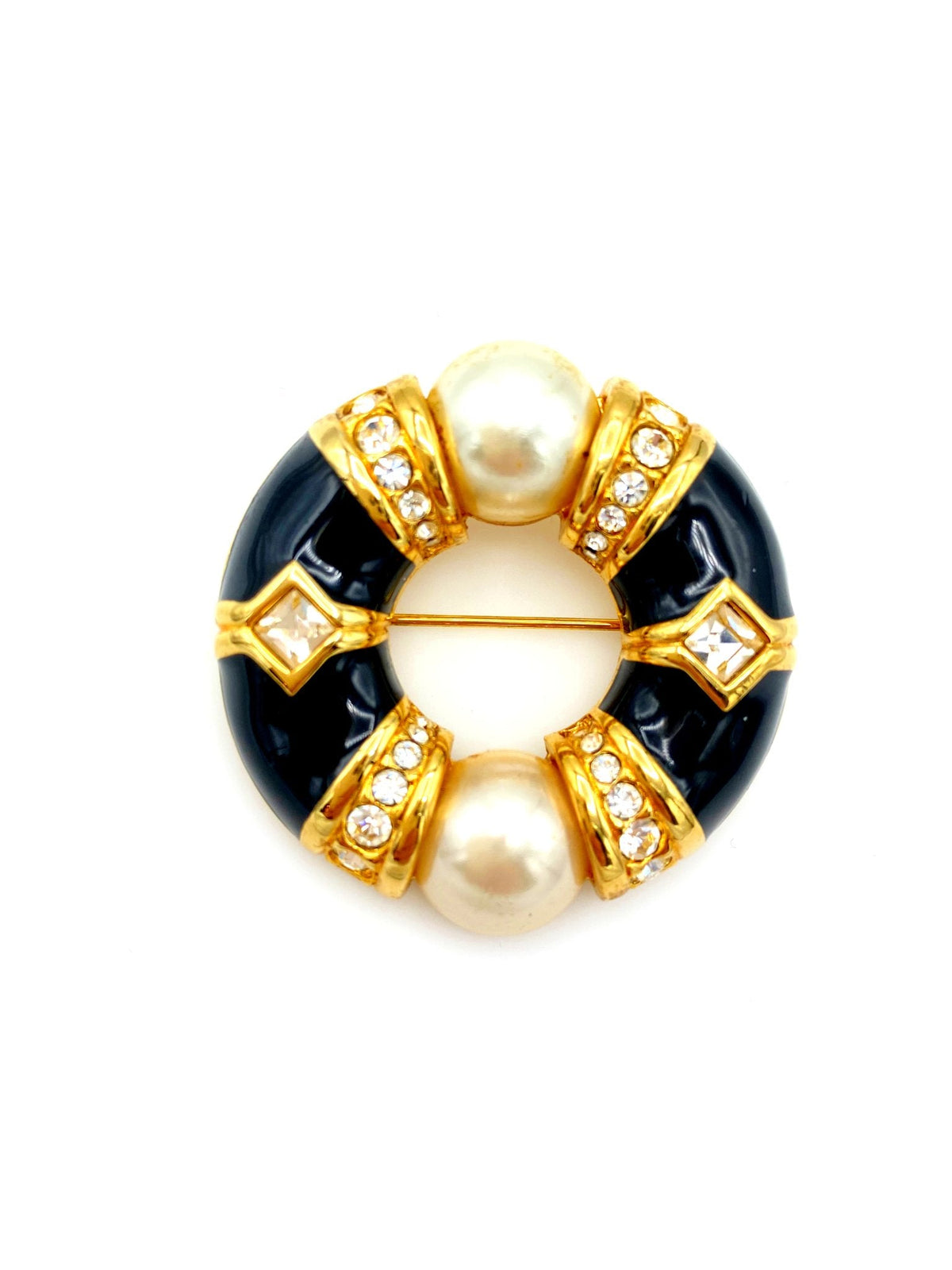 Swarovski Gold Rhinestone Pearl & Black Enamel Circle Brooch - 24 Wishes Vintage Jewelry