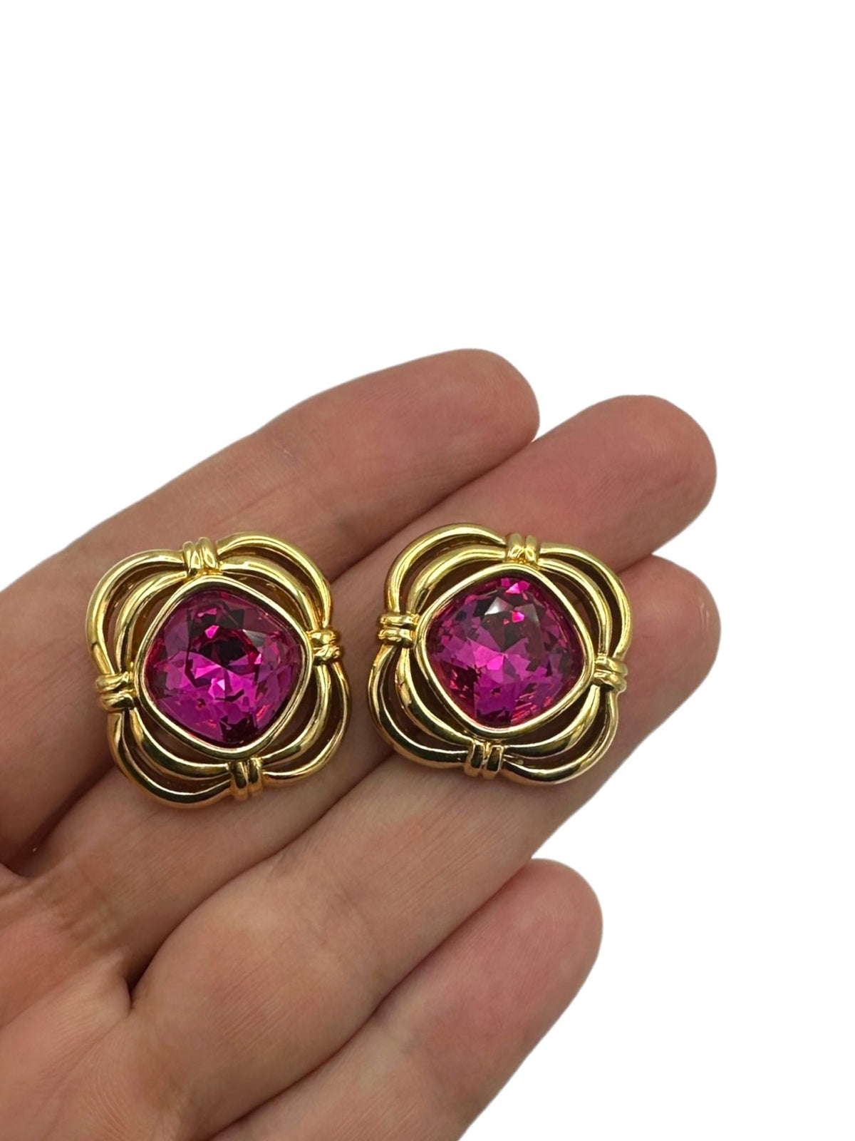 Swarovski Pink Faceted Crystal Pierced Earrings Swan Signed - 24 Wishes Vintage Jewelry