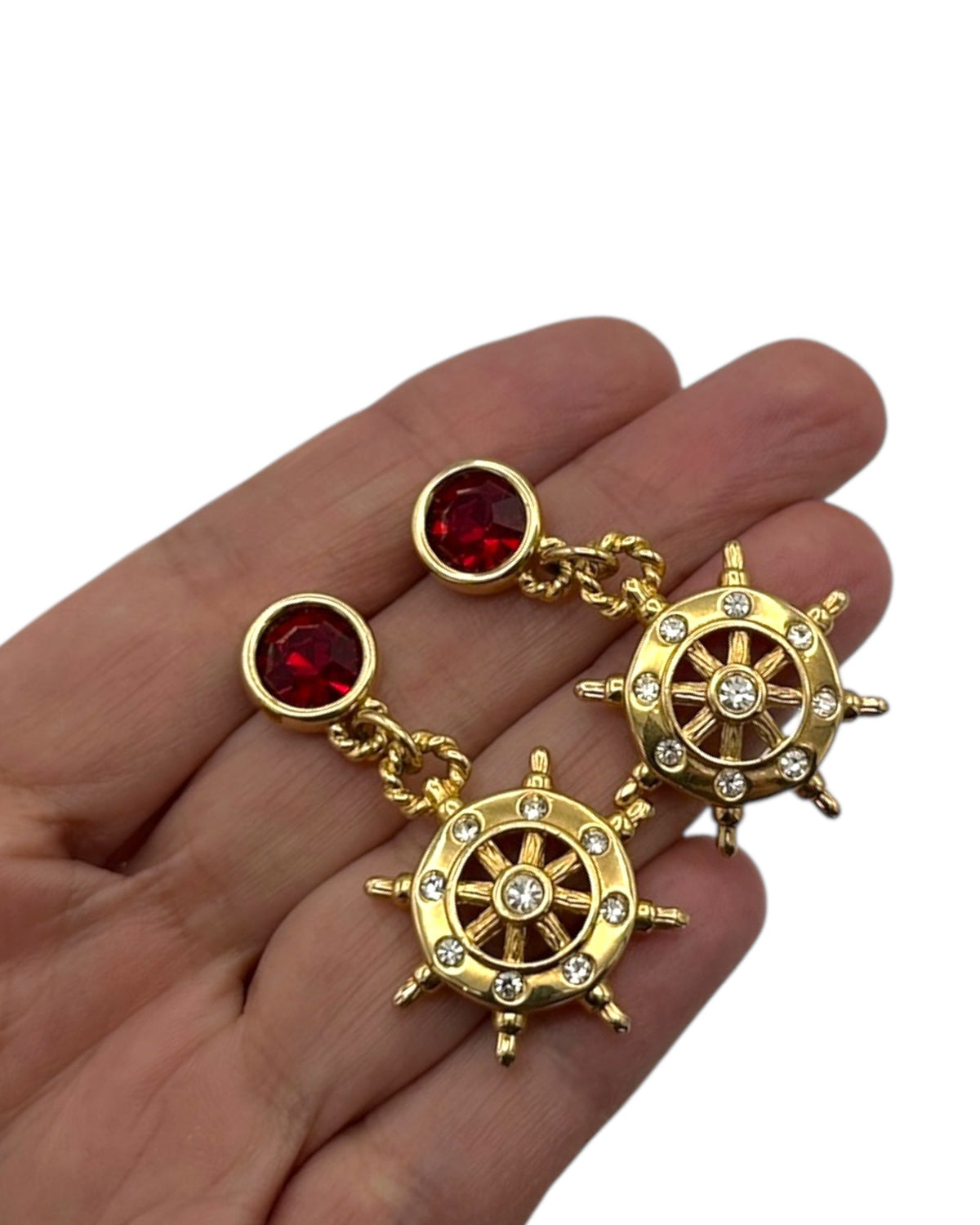 Swarovski SAL Gold Crystal Ship Wheel Nautical Vintage Pierced Earrings Earrings 24 Wishes Vintage Jewelry