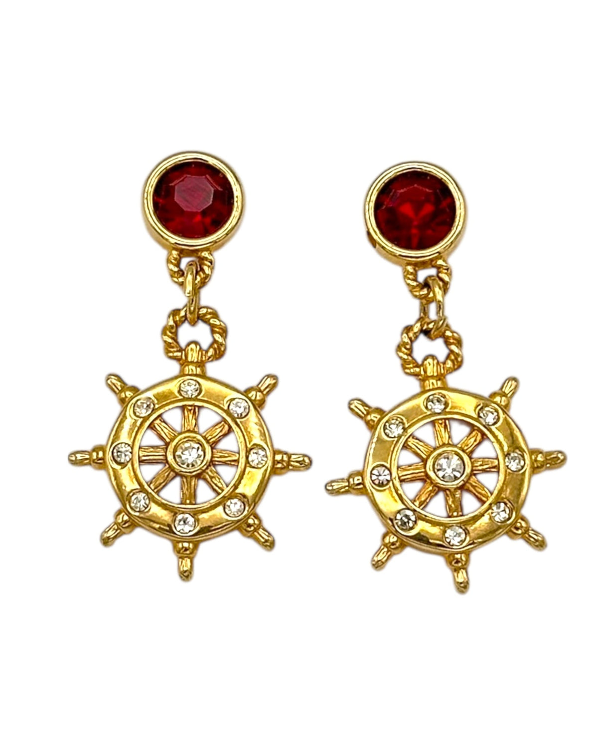 Swarovski SAL Gold Crystal Ship Wheel Nautical Vintage Pierced Earrings Earrings 24 Wishes Vintage Jewelry