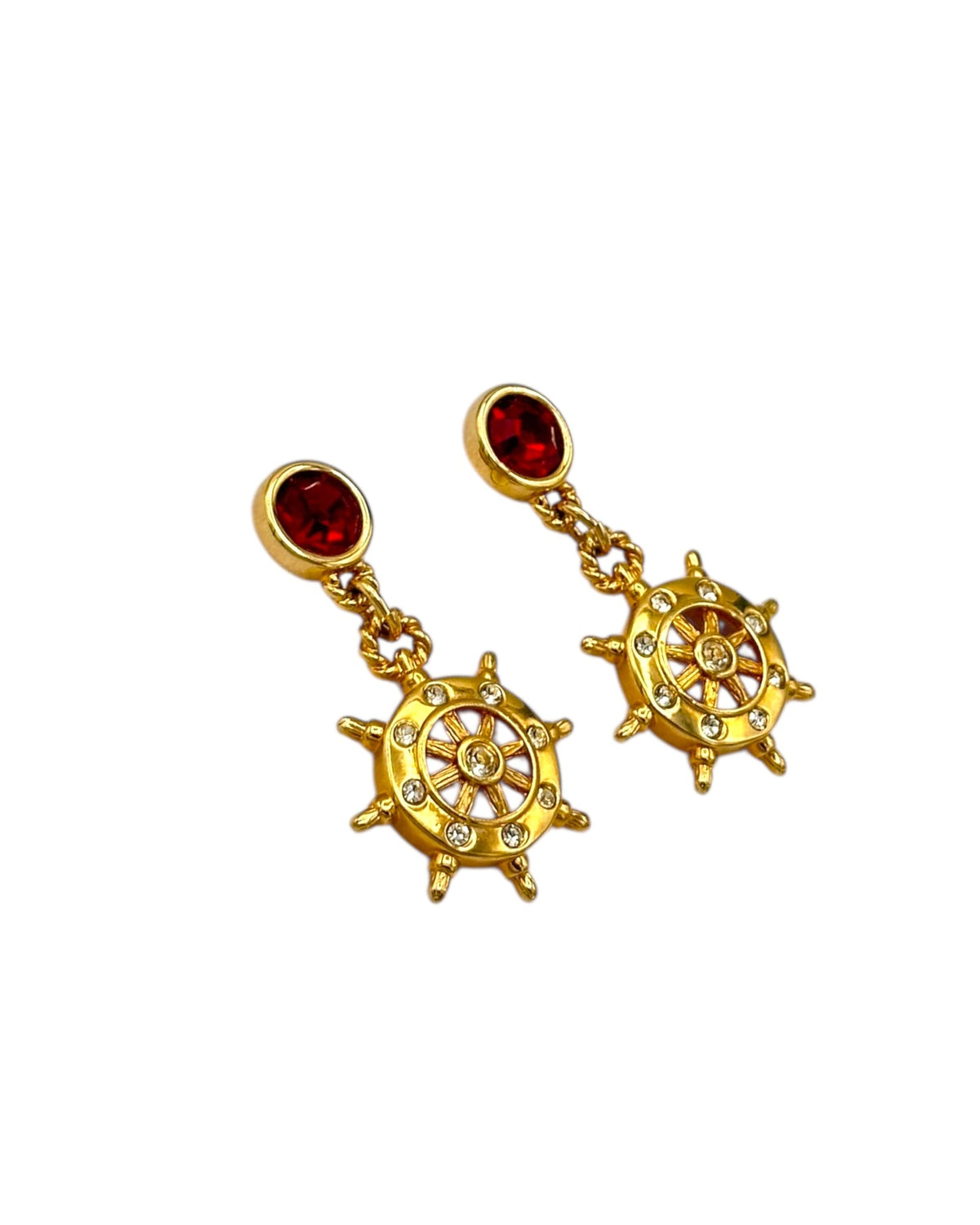 Swarovski SAL Gold Crystal Ship Wheel Nautical Vintage Pierced Earrings Earrings 24 Wishes Vintage Jewelry