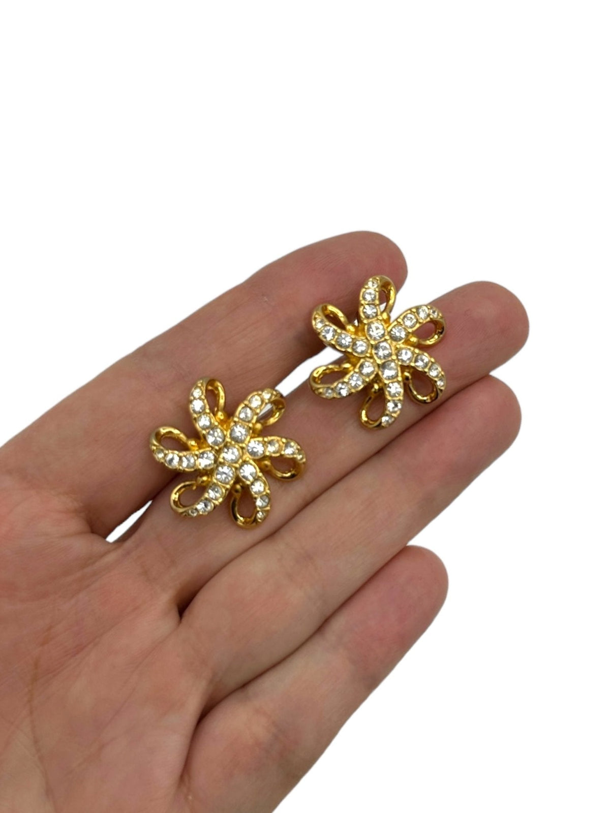 Swarovski Vintage Jewelry Gold Pave Clear Crystal Ribbon Clip - On Earrings - 24 Wishes Vintage Jewelry