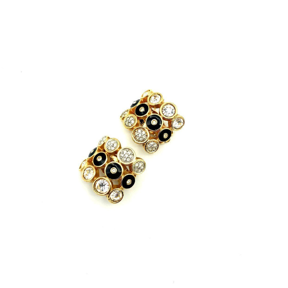 Three Row Rhinestone & Black Enamel Vintage Clip - On Earrings - 24 Wishes Vintage Jewelry